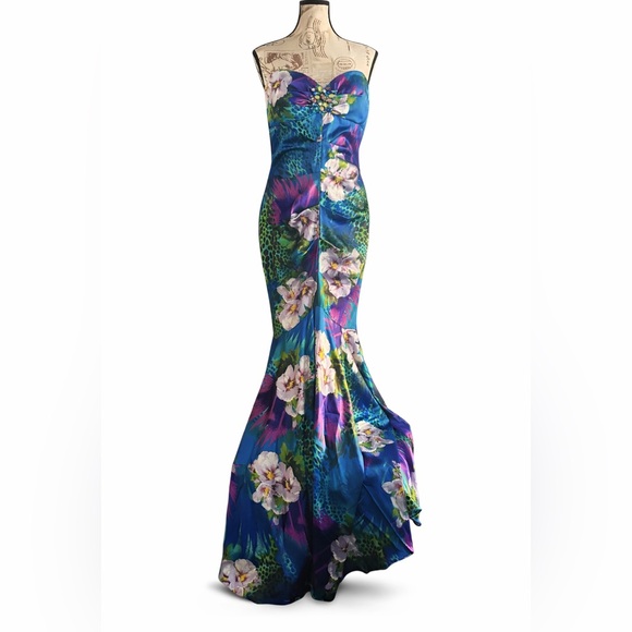Cache Dresses & Skirts - Cache Strapless Mermaid Gown Beaded Bust Tropical Print Sz M READ Y2K USA Made